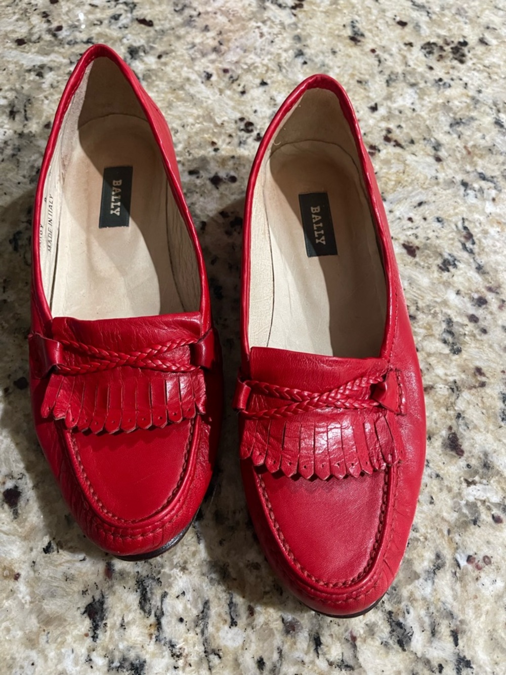 Bally Red Leather Kiltie Braided Loafers